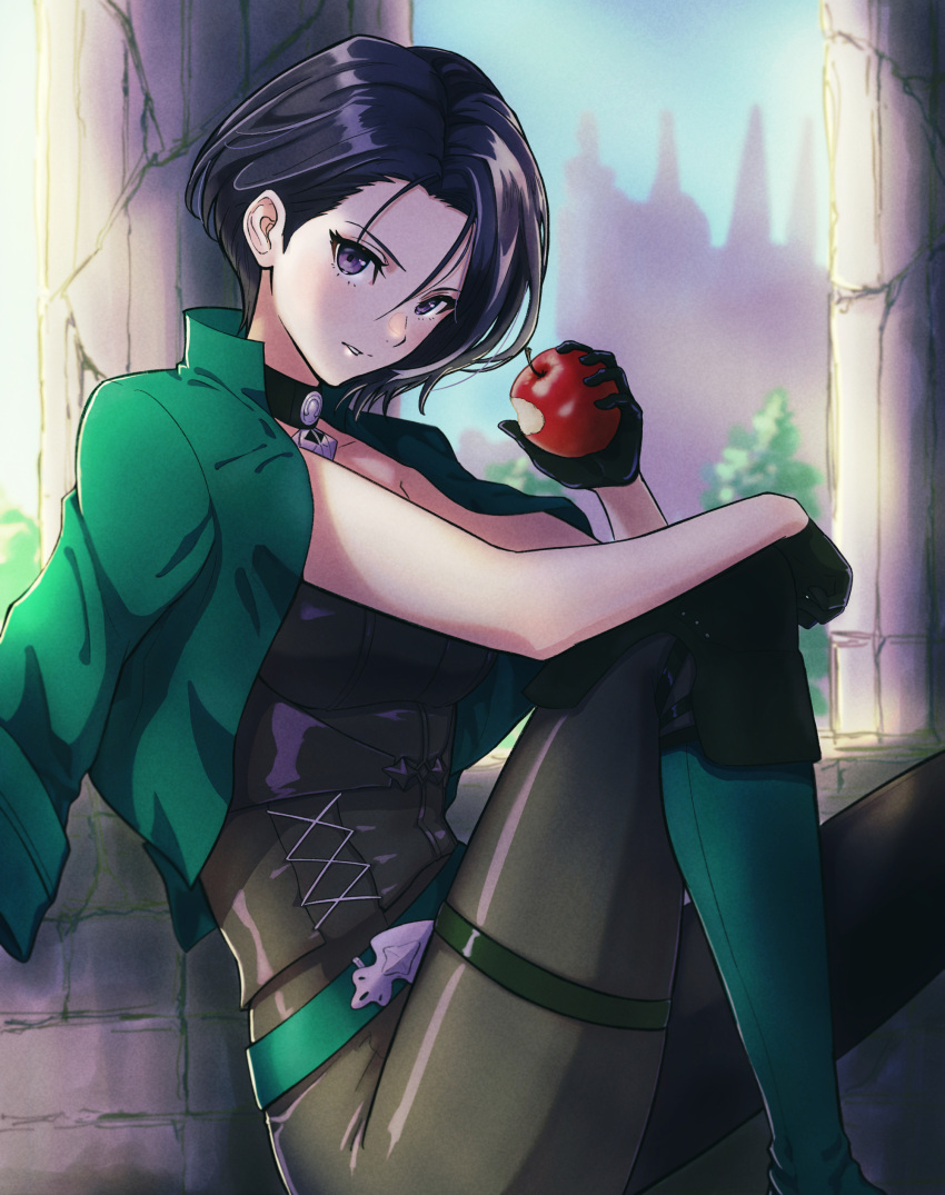 1girl, absurdres, apple, belt, black_choker, black_gloves, black_hair, black_pants, black_shirt, bodice, boots, breasts, choker, commentary_request, fire_emblem, fire_emblem:_three_houses, food, fruit, gloves, green_belt, green_footwear, green_jacket, highres, holding, holding_food, holding_fruit, jacket, jacket_on_shoulders, looking_at_viewer, medium_breasts, pants, pillar, rooru_kyaabetsu, shamir_nevrand, shirt, short_hair, sitting, sleeveless, sleeveless_shirt, solo, violet_eyes