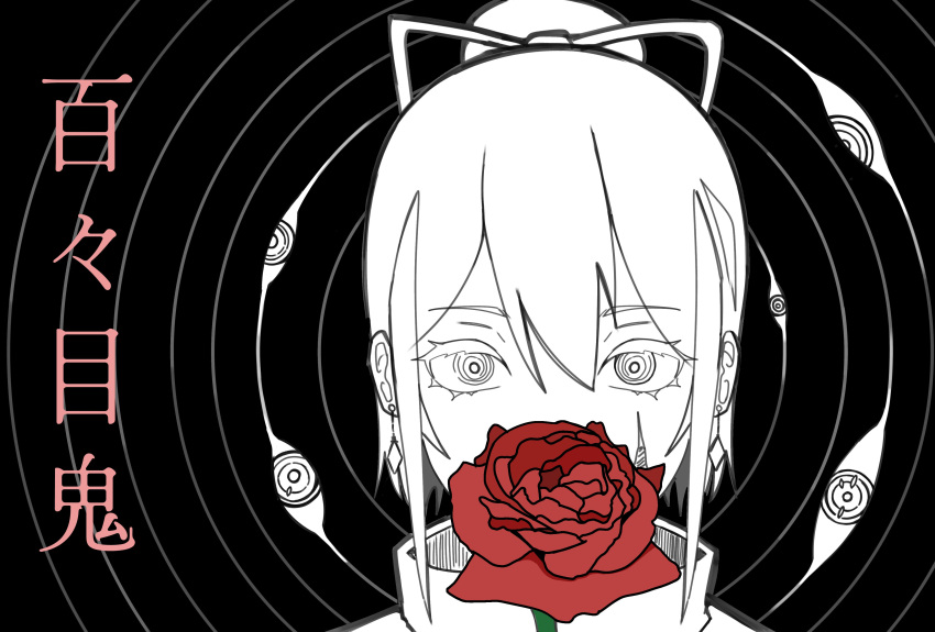 1girl, absurdres, bangs, earrings, flower, greyscale, highres, jewelry