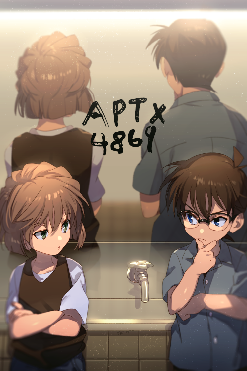 1boy, 1girl, age_regression, bangs, black-framed_eyewear, black_hair, blue_eyes, blue_shirt, brown_hair, brown_vest, buttons, child, closed_mouth, commentary_request, crossed_arms, different_reflection, echo_(circa), edogawa_conan, eyebrows_visible_through_hair, female_child, glasses, green_eyes, haibara_ai, hand_on_own_chin, indoors, kudou_shin'ichi, looking_at_another, looking_to_the_side, male_child, meitantei_conan, mirror, miyano_shiho, reflection, shirt, short_hair, short_sleeves, twitter_username, upper_body, vest, white_shirt, younger