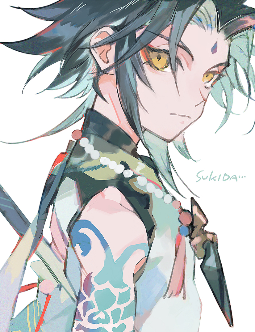 1boy, arm_tattoo, bangs, bead_necklace, beads, black_hair, closed_mouth, facial_mark