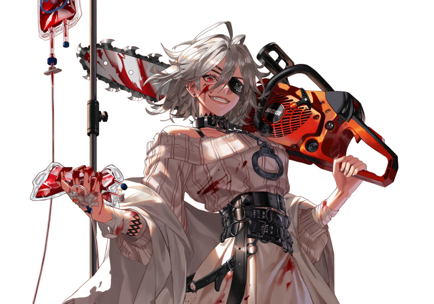 1girl, bandages, belt, black_survival, blood, blood_bag, blood_on_clothes, blood_on_face