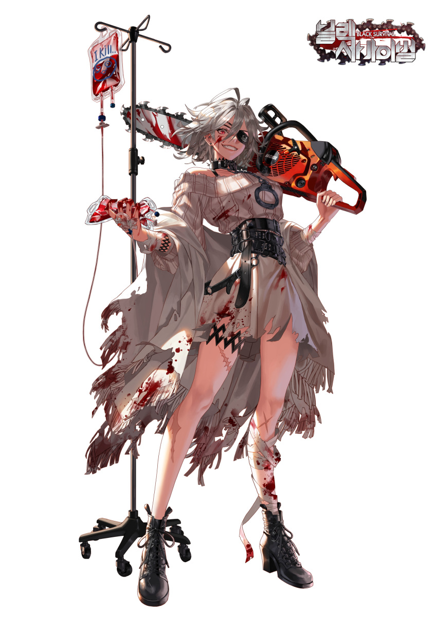 1girl, absurdres, bandages, belt, black_survival, blood, blood_bag, blood_on_clothes