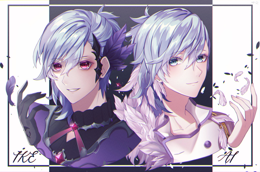 2boys, absurdres, asymmetrical_hair, black_feathers, black_gloves, black_shirt, black_vs_white, blue_eyes