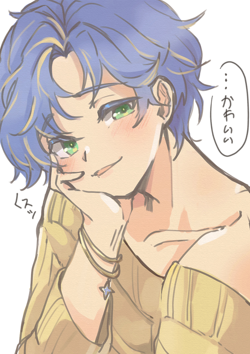 1boy, astel_leda, babumagadoki, bangs, blonde_hair, blue_hair, blush, bracelet, collarbone, colored_eyelashes, eyebrows_visible_through_hair, green_eyes, hand_on_own_cheek, hand_on_own_face, holostars, jewelry, korean_commentary, long_sleeves, looking_at_viewer, male_focus, mixed-language_commentary, multicolored_hair, off-shoulder_sweater, off_shoulder, open_mouth, short_hair, simple_background, smile, smug, solo, speech_bubble, streaked_hair, sweater, upper_body, virtual_youtuber, white_background, yellow_sweater