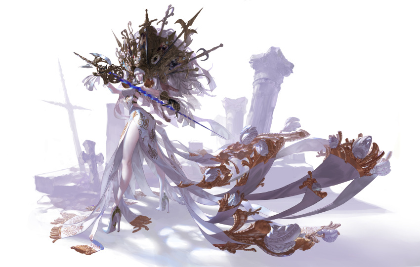 1girl, absurdres, axe, bangs, blue_eyes, blunt_bangs, breasts, bright_pupils