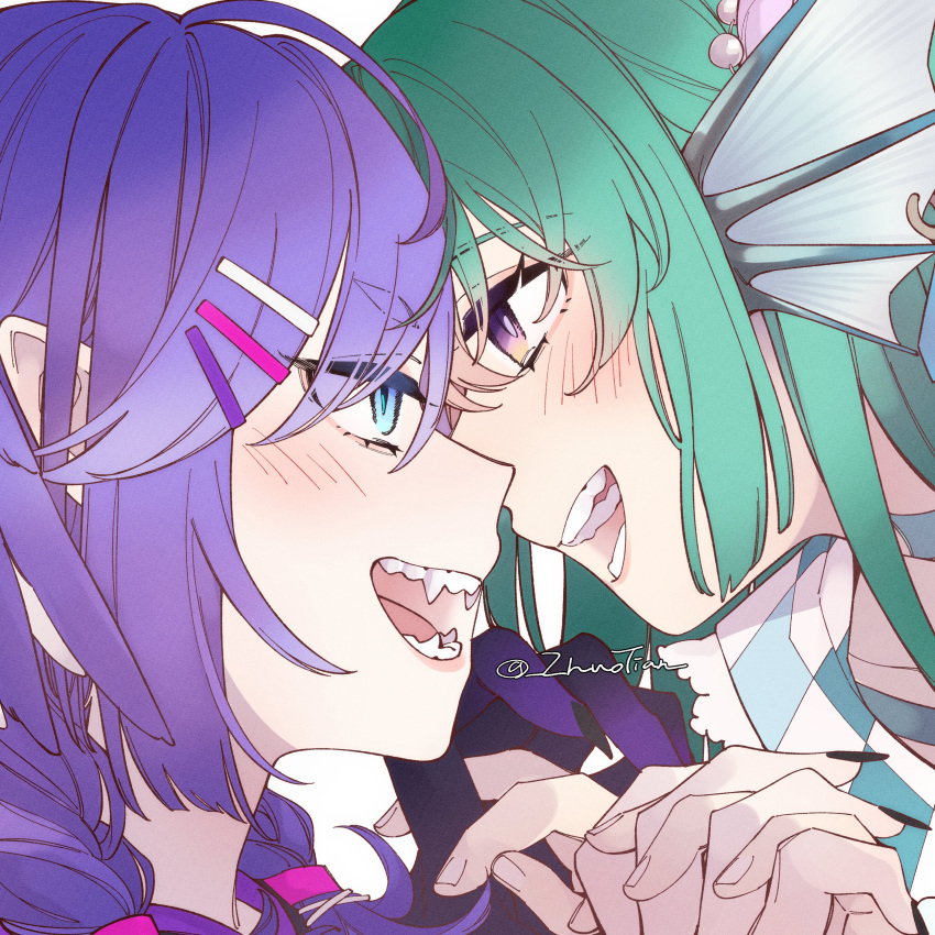 2girls, absurdres, blue_eyes, blush, close-up, eye_contact, face, face-to-face