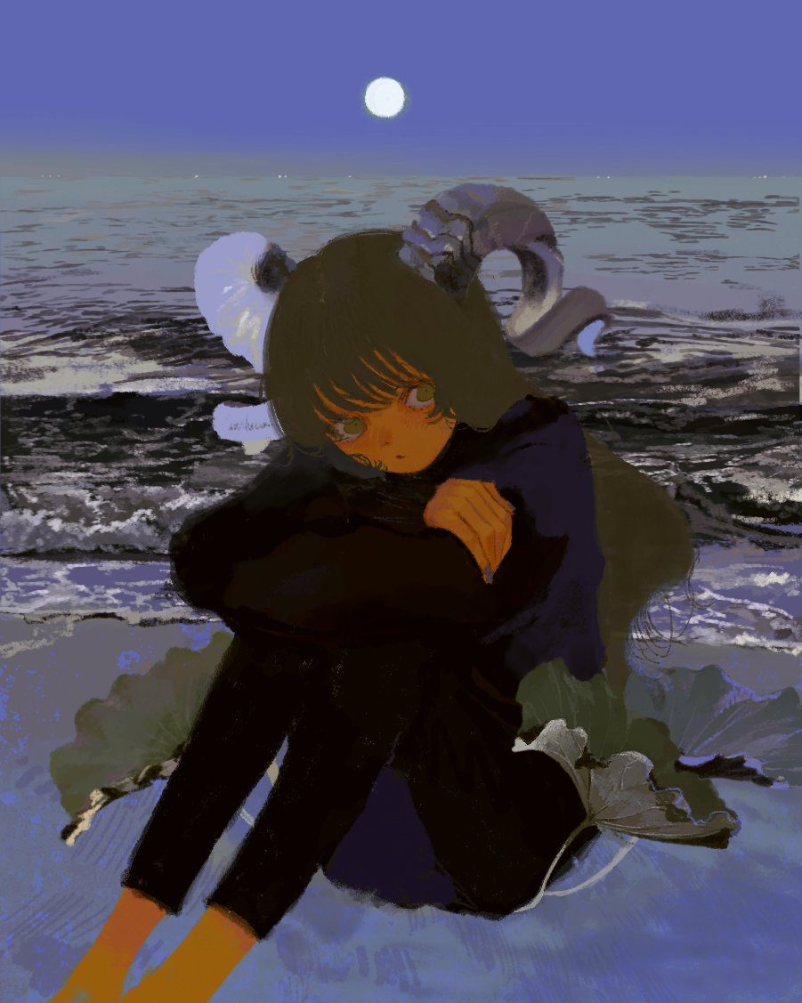 1girl, :o, arms_on_knees, azigashimitoru, bangs, crossed_arms, feet_out_of_frame, horns