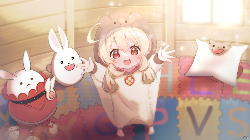 1girl, :d, alternate_costume, arms_up, bangs, blurry, commentary_request, depth_of_field