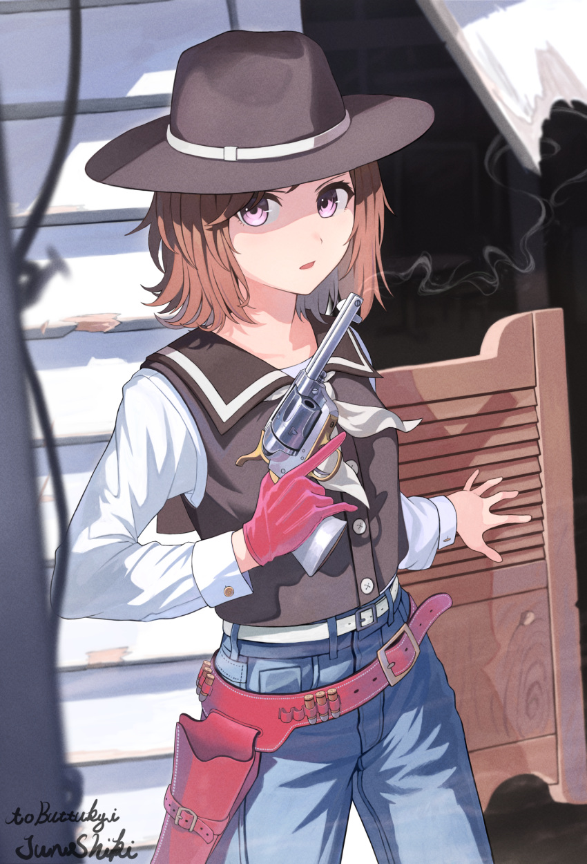 1girl, artist_name, belt, belt_buckle, black_vest, brown_hair, brown_headwear, buckle, building, commission, cowboy_hat, cowboy_shot, cowboy_western, day, denim, gloves, gun, hat, highres, holding, holding_gun, holding_weapon, horns, jeans, junshiki, long_sleeves, looking_at_viewer, open_mouth, original, outdoors, pants, red_gloves, saloon_doors, shirt, short_hair, signature, single_horn, smoke, smoking_gun, solo, trigger_discipline, vest, violet_eyes, weapon, white_shirt