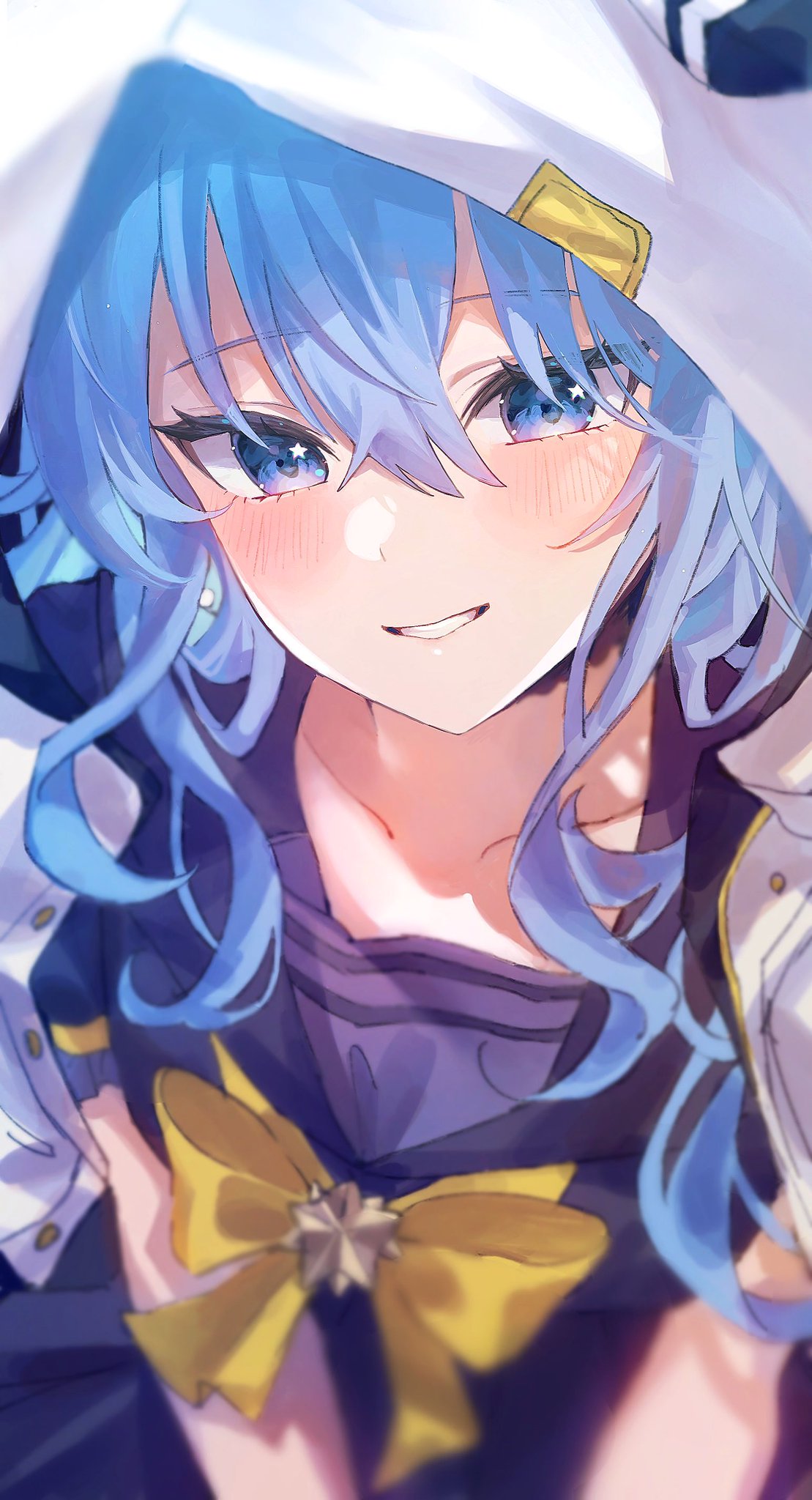 1girl, blue_eyes, blue_hair, blush, bow, collarbone, from_above, grin