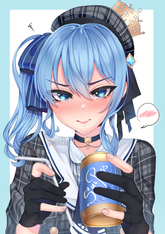 1girl, beret, black_gloves, blue_eyes, blue_hair, blush, can, choker