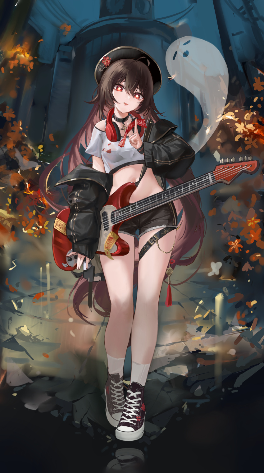1girl, absurdres, black_shorts, brown_hair, flower-shaped_pupils, full_body, genshin_impact, ghost, guitar, hat, headphones, highres, hu_tao_(genshin_impact), instrument, long_hair, looking_at_viewer, lzbt_kpv, open_mouth, red_eyes, shorts, symbol-shaped_pupils, thighs, twintails