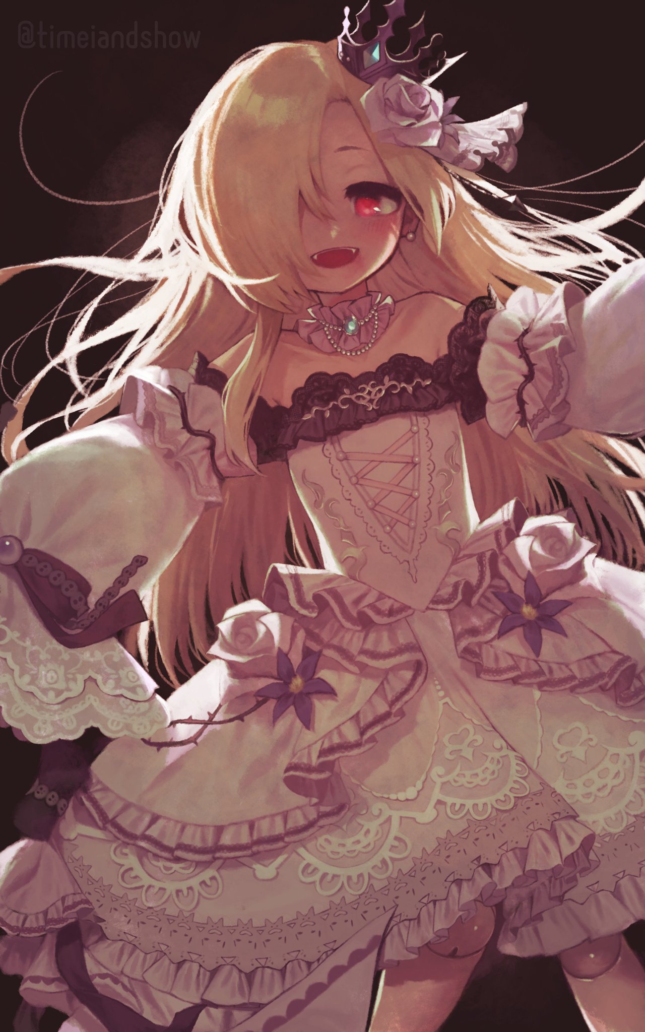 1girl, asymmetrical_bangs, bangs, black_background, blonde_hair, blush, choker, collarbone