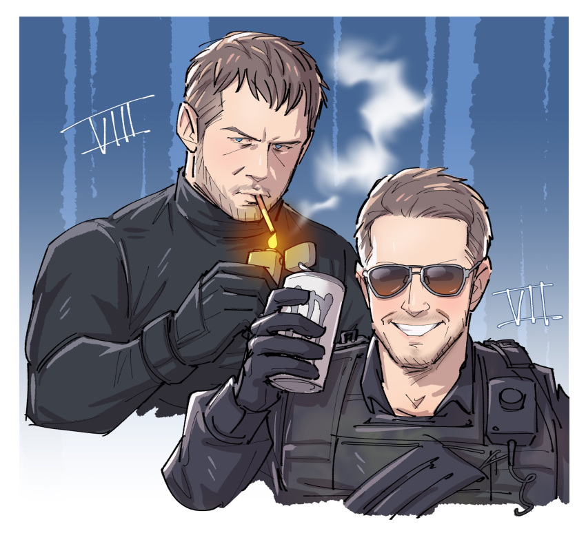 2boys, age_difference, black_gloves, black_shirt, blue_eyes, brown_hair, bulletproof_vest, can