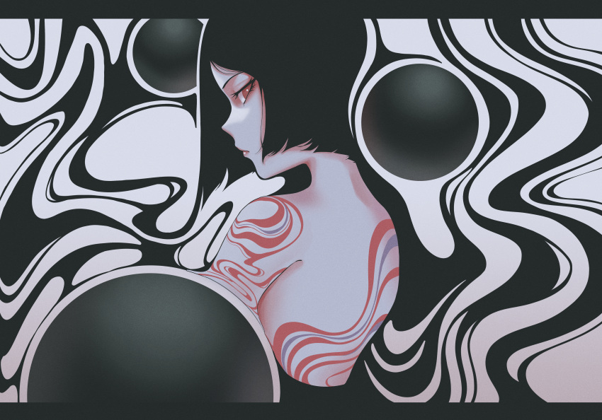 1girl, abstract, absurdres, black_circle, black_hair, blunt_ends, bright_pupils, dhjs_0010