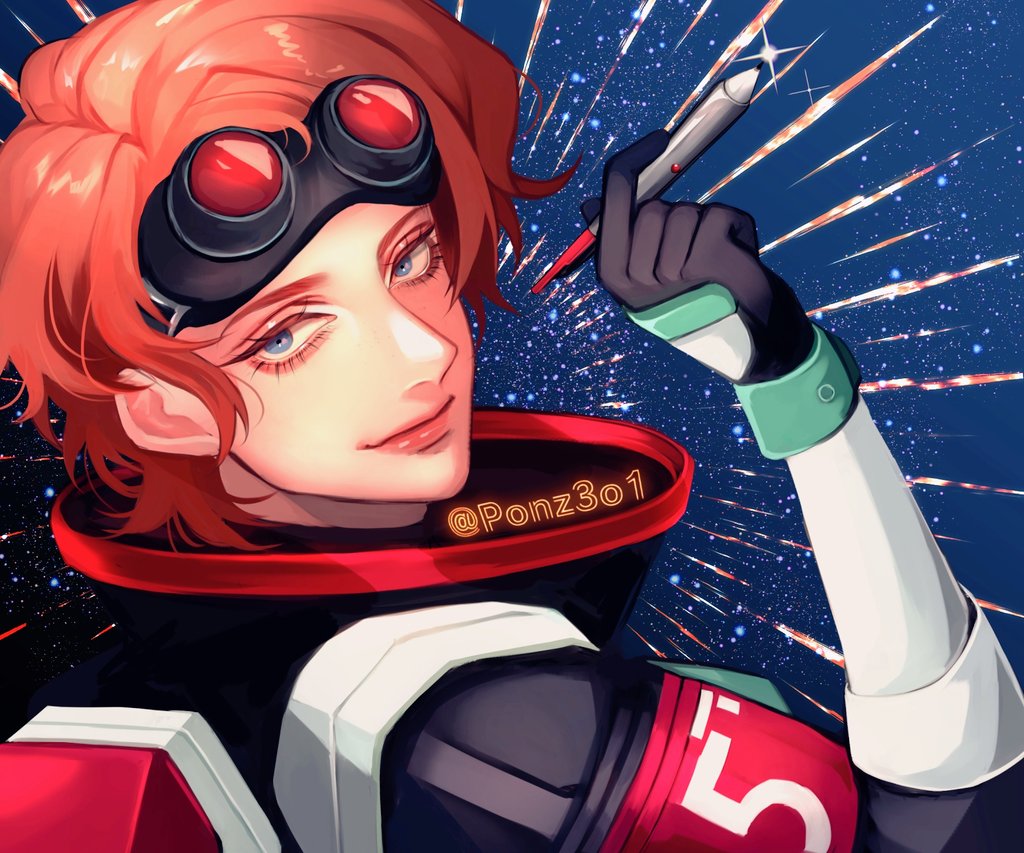 1girl, apex_legends, black_gloves, blue_eyes, from_side, gloves, goggles, goggles_on_head, holding, holding_pen, horizon_(apex_legends), looking_at_viewer, orange_hair, pen, portrait, smile, solo, space, spacesuit, sparkle, tama_(ponz3o1)