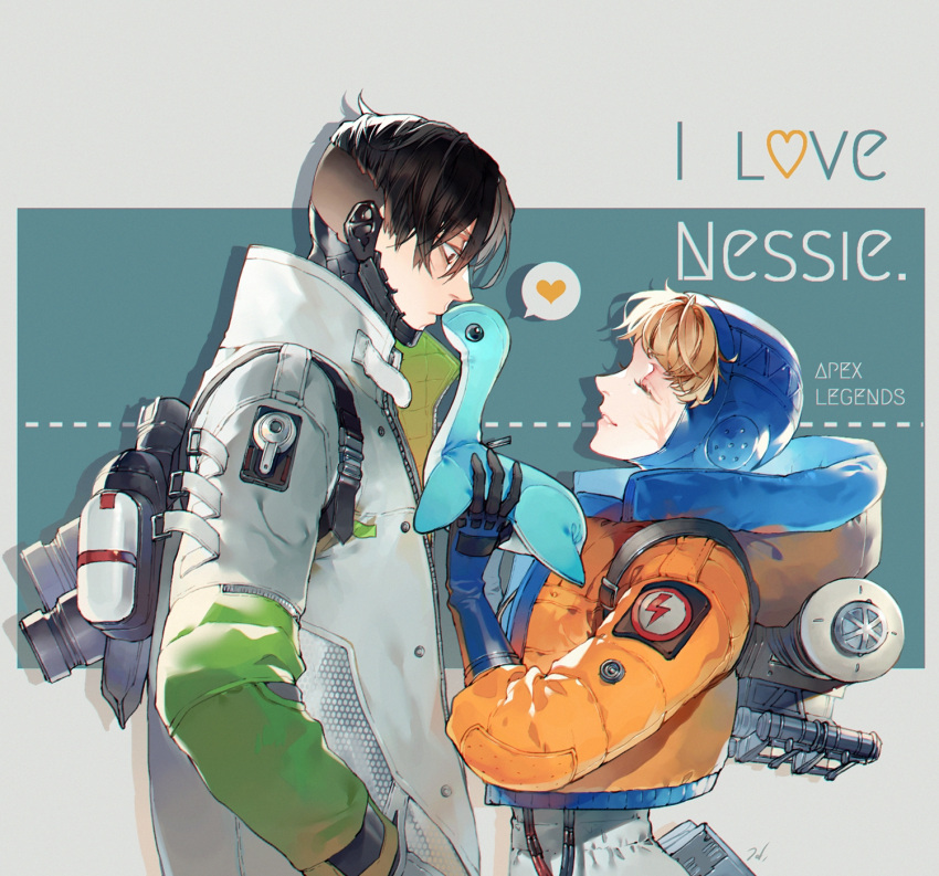 1boy, 1girl, apex_legends, black_hair, blonde_hair, blue_gloves, bodysuit, cable