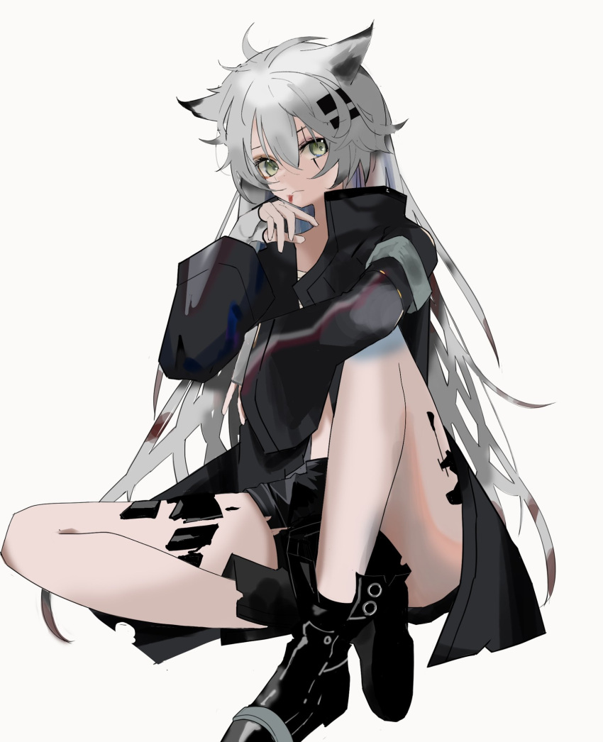 1girl, animal_ears, arknights, bangs, bare_legs, black_footwear, black_jacket, boots