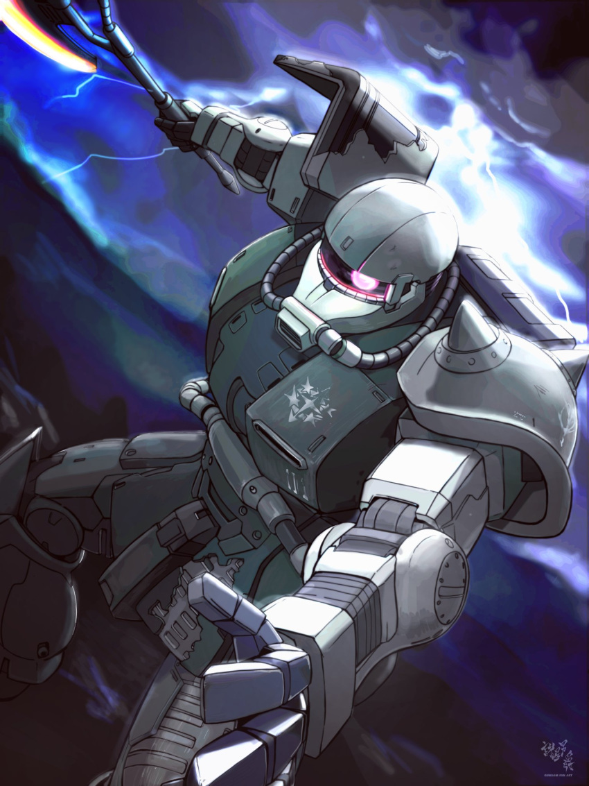 axe, glowing, glowing_eye, gundam, highres, holding, holding_axe, lightning, mecha, mobile_suit, mobile_suit_gundam, mobile_suit_gundam:_cucuruz_doan's_island, moroboshi_danshaku, no_humans, one-eyed, open_hand, pink_eyes, shoulder_spikes, solo, spikes, zaku_ii, zeon