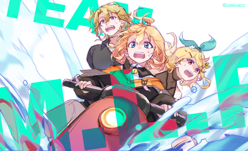 1boy, 2girls, ahoge, bell, black_cat, black_coat, black_headwear, black_shirt