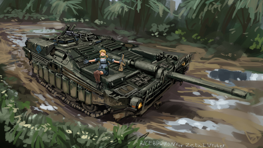 1girl, :d, absurdres, blonde_hair, boots, character_name, closed_eyes, gloves, ground_vehicle, headset, highres, holding, holding_weapon, hozumi_sousei, indie_virtual_youtuber, iwi_x95, long_hair, looking_at_viewer, military, military_vehicle, motor_vehicle, open_mouth, signature, sitting, smile, solo, strv-103, tank, thigh-highs, virtual_youtuber, weapon, zeta_(vtuber)