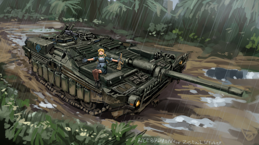 1girl, :d, absurdres, blonde_hair, boots, character_name, closed_eyes, gloves