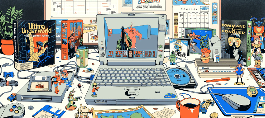box, cd, command_and_conquer, computer, controller, cup, cyberdemon, day_of_the_tentacle, doom_(series), doom_ii, doomguy, english_commentary, figure, floppy_disk, getter_dragon, getter_robo, getter_robo_g, grendizer, highres, laptop, magazine_(object), mazinger_(series), microsoft_encarta, mouse_(computer), mr._potato_head, mug, myst_(game), no_humans, pen, stephen_maurice_graham, tamagotchi, toy, ufo_robo_grendizer, ultima_underworld