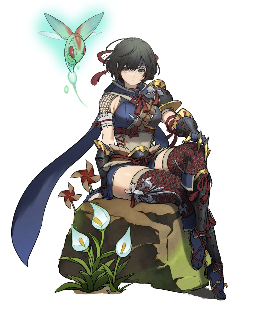 1girl, armor, black_hair, bug, capcom, clawed_gauntlets, flower, flying