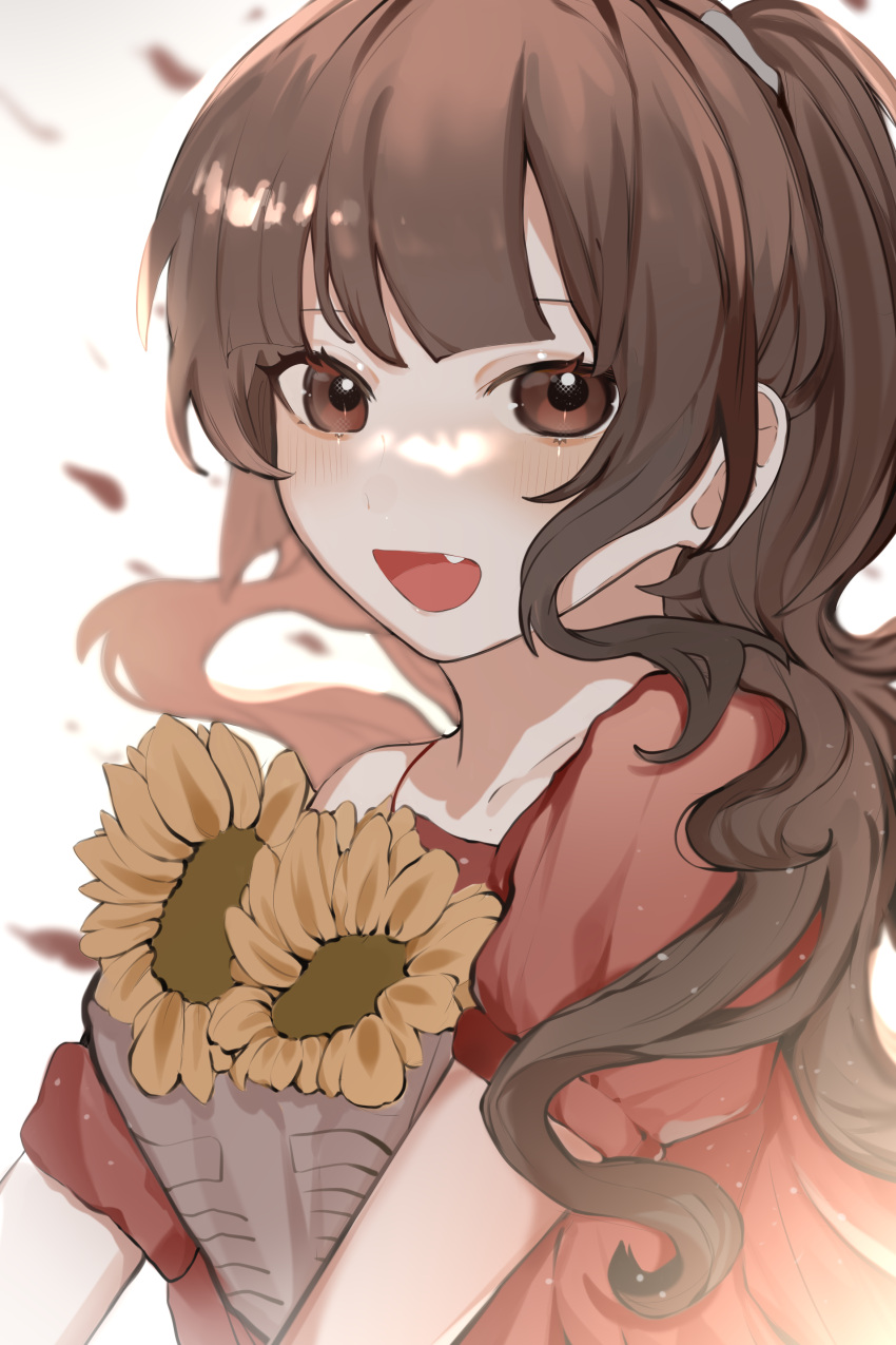 1girl, :d, absurdres, bouquet, brown_eyes, brown_hair, child, chinese_commentary