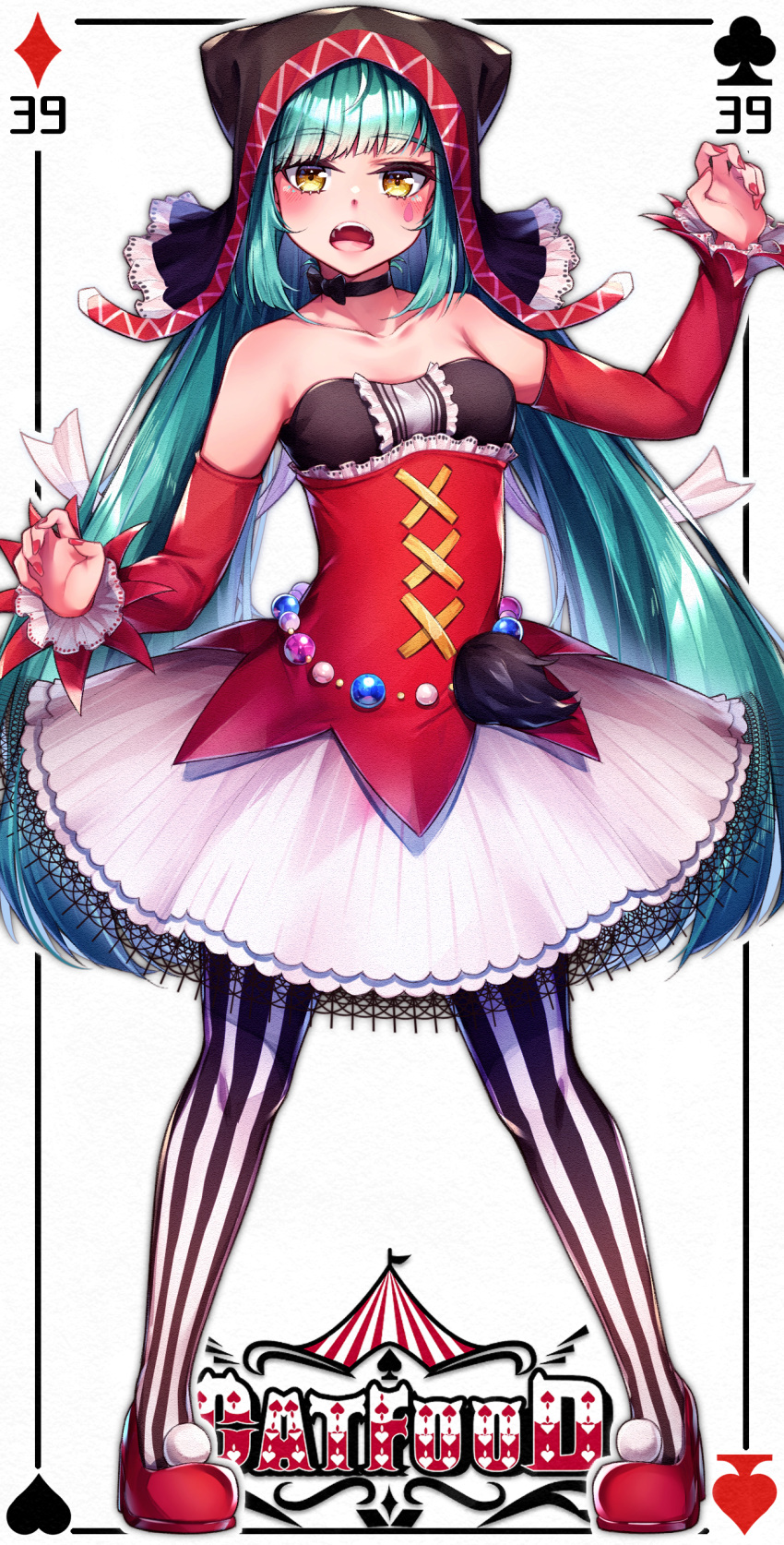 1girl, 39, :o, absurdres, aqua_hair, bangs, black_bow, black_choker, blush, bow, card_(medium), cat_food_(vocaloid), choker, claw_pose, collarbone, detached_sleeves, eyebrows_visible_through_hair, facial_mark, floating_hair, full_body, hatsune_miku, highres, long_hair, long_sleeves, looking_at_viewer, marutenmaruten, miniskirt, nail_polish, open_mouth, pantyhose, pierretta_(module), pleated_skirt, pom_pom_(clothes), red_nails, red_sleeves, shiny, shiny_hair, skirt, solo, standing, strapless, striped, striped_legwear, twintails, vertical-striped_legwear, vertical_stripes, very_long_hair, vocaloid, white_background, white_skirt, yellow_eyes