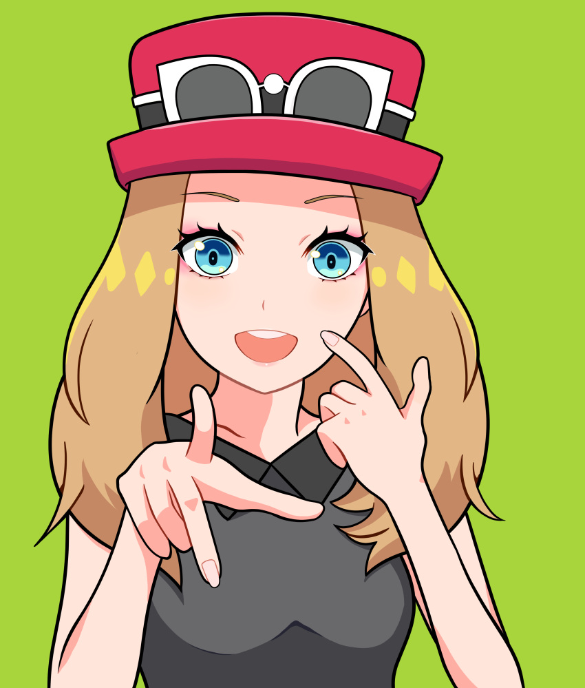 1girl, :d, absurdres, bare_arms, blue_eyes, brown_hair, collarbone, eyewear_on_headwear