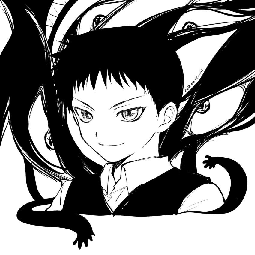 1boy, collared_shirt, cropped_torso, dress_shirt, fullmetal_alchemist, greyscale, grin, highres