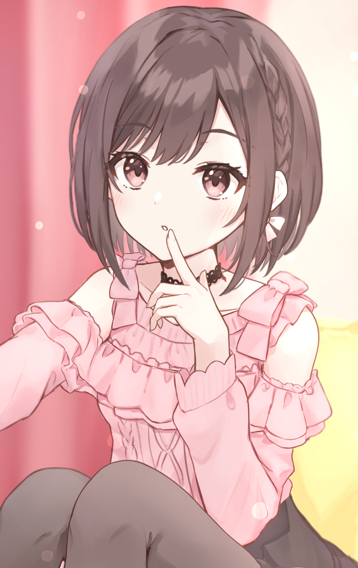1girl, 25-ji_night_code_de._(project_sekai), bangs, black_legwear, blush, bow, braid, brown_eyes