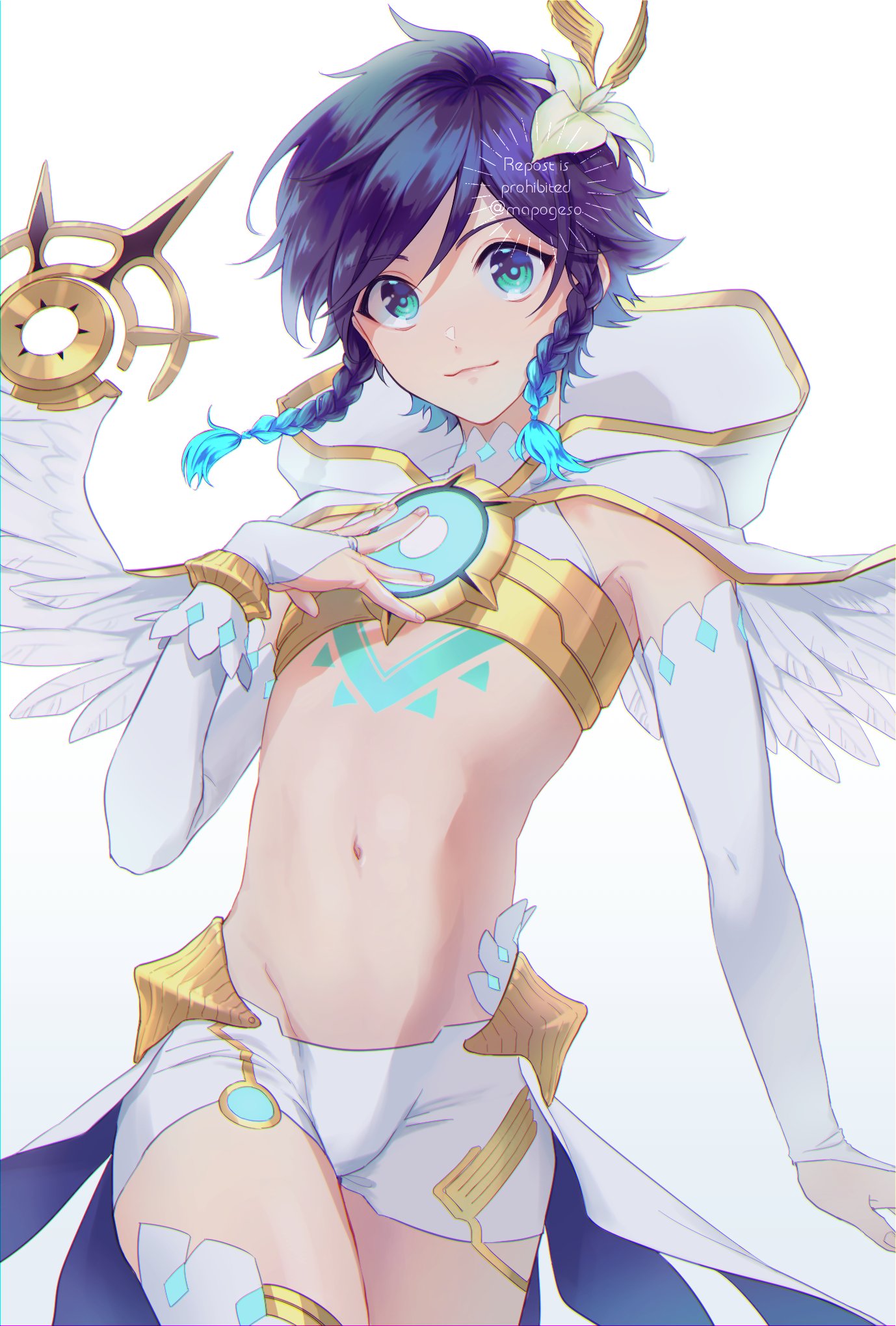 1boy, angel_wings, bangs, black_hair, blue_eyes, blue_hair, blush, braid, cecilia_flower_(genshin_impact), english_commentary, eyebrows_visible_through_hair, feathered_wings, flower, genshin_impact, glowing, glowing_hair, gold_trim, gradient_hair, hair_between_eyes, hair_flower, hair_ornament, hand_on_own_chest, highres, hood, hood_down, looking_at_viewer, male_focus, mapogeso, multicolored_hair, navel, otoko_no_ko, robe, shiny, simple_background, smile, solo, stomach, thighs, twin_braids, venti_(genshin_impact), white_background, white_flower, white_wings, wings