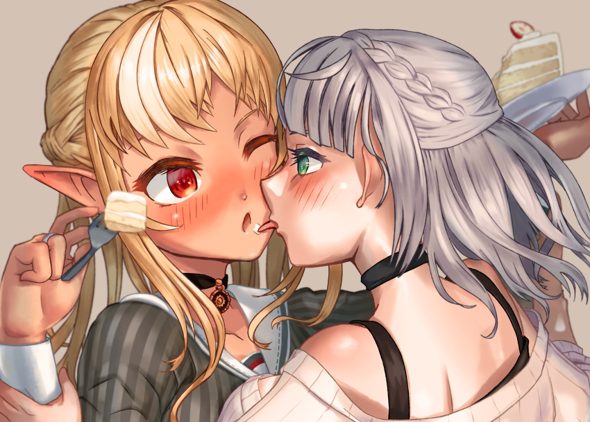2girls, black_choker, black_tank_top, blonde_hair, blush, braid, choker, dark-skinned_female