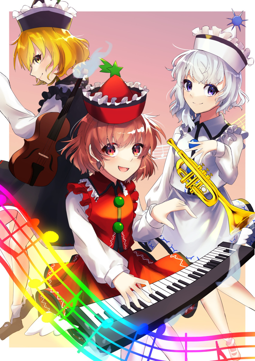 3girls, black_headwear, black_skirt, black_vest, blonde_hair, border, brown_eyes, brown_hair, closed_mouth, collared_shirt, commentary_request, floating, floating_object, happy, highres, instrument, keyboard_(instrument), long_sleeves, looking_at_viewer, lunasa_prismriver, lyrica_prismriver, merlin_prismriver, multiple_girls, music, open_mouth, pink_background, pink_headwear, pink_skirt, pink_vest, playing_instrument, pointy_hat, red_headwear, red_skirt, red_vest, shirt, short_hair, siblings, sisters, skirt, smile, touhou, trumpet, vest, violet_eyes, violin, wankosoradayo, white_border, white_hair, white_shirt, yellow_eyes
