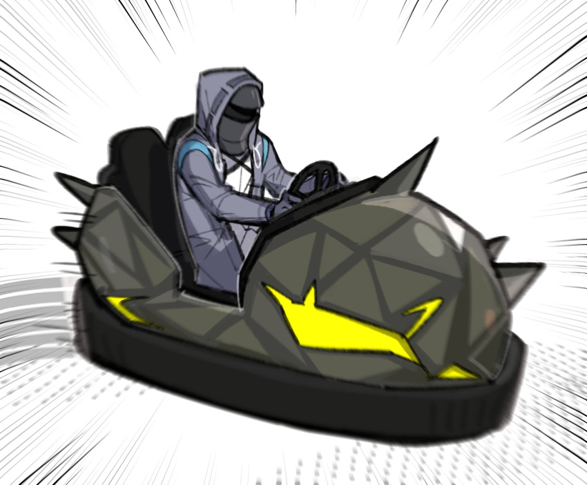 1other, arknights, bumper_car, doctor_(arknights), driving, emphasis_lines, grey_jacket, highres, jacket, long_sleeves, originium_slug_(arknights), simple_background, solo, upper_body, vuendor, white_background