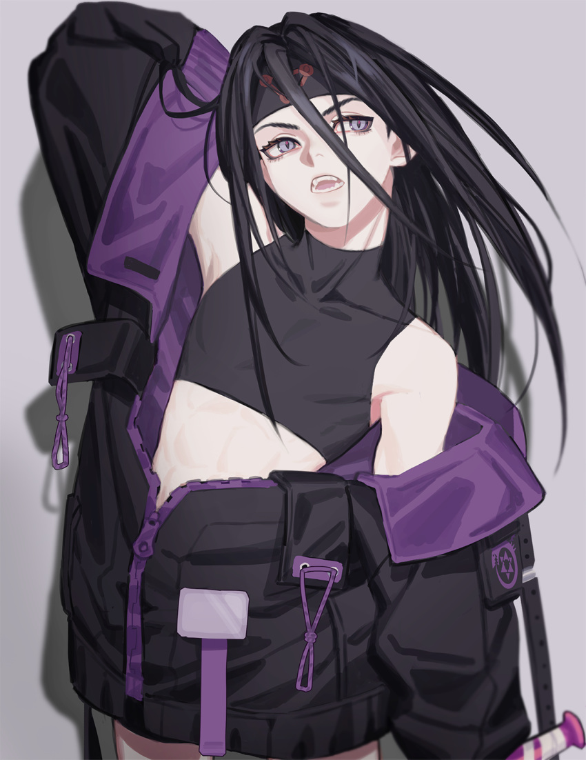1boy, adapted_costume, androgynous, arm_up, bare_shoulders, baseball_bat, belt, black_hair, black_jacket, cbow, cowboy_shot, crop_top, drawstring, drop_shadow, envy_(fma), fullmetal_alchemist, grey_background, hair_between_eyes, headband, highres, jacket, long_hair, long_sleeves, looking_afar, male_focus, midriff, off_shoulder, open_mouth, ouroboros, print_headband, purple_theme, shirt, sideways_glance, simple_background, sleeveless, solo, straight_hair, teeth, tight, tight_shirt, turtleneck, unzipped, violet_eyes, zipper