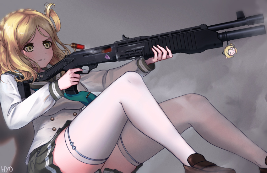 1girl, absurdres, black_skirt, blonde_hair, braid, breasts, brown_footwear, charm_(object)