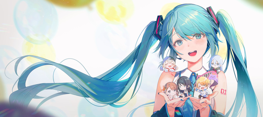 >_<, 1boy, 6+girls, :d, aqua_eyes, aqua_hair, aqua_necktie, azusawa_kohane