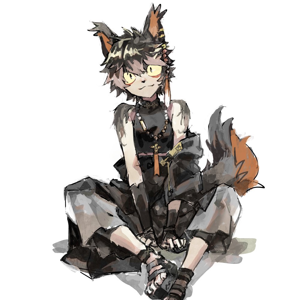 1boy, :3, aak_(arknights), aak_(healing_hand_evil_heart)_(arknights), animal_ears, aoaka05, arknights, bangs, bare_shoulders, between_legs, black_gloves, black_hair, black_shirt, brown_fur, colored_sclera, ear_piercing, fingerless_gloves, furry, furry_male, gloves, grey_fur, hand_between_legs, jacket, jacket_partially_removed, jewelry, looking_at_viewer, male_focus, multicolored_fur, multicolored_hair, necklace, piercing, shirt, shoes, short_hair, simple_background, sitting, sleeveless, sleeveless_shirt, smile, solo, tail, v_arms, white_background, yellow_sclera
