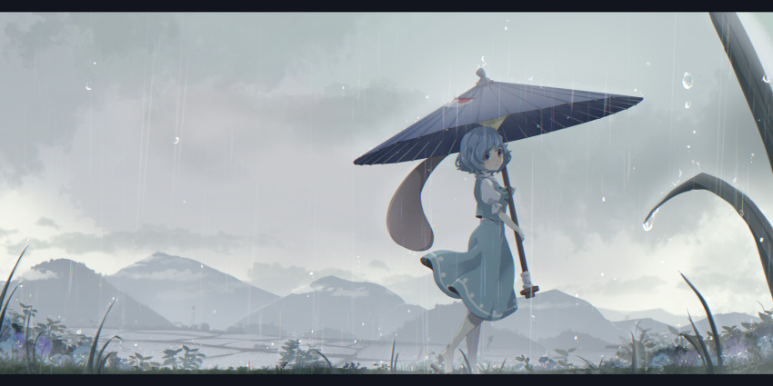 1girl, aqua_skirt, aqua_vest, blue_eyes, blue_hair, closed_mouth, clouds, cloudy_sky