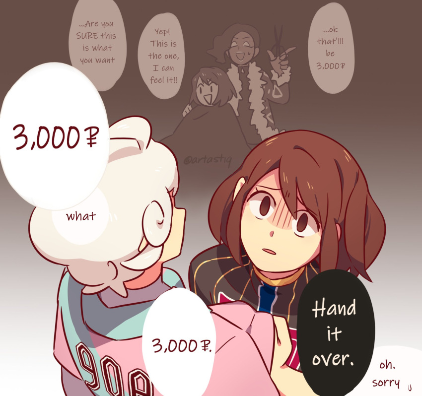 1boy, 2girls, :d, artastiq, bede_(pokemon), brown_hair, champion_uniform, collared_shirt