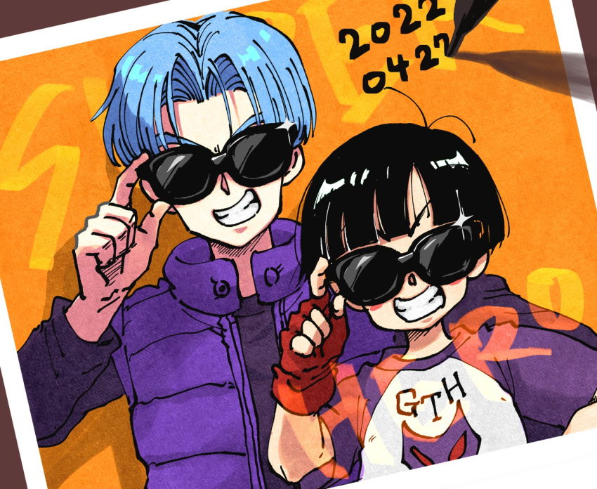 1boy, 1girl, adjusting_eyewear, bangs, black-framed_eyewear, black_hair, black_shirt, blue_hair, blush_stickers, commentary_request, copyright_name, dated, dragon_ball, dragon_ball_super, dragon_ball_super_super_hero, female_child, fingerless_gloves, glint, gloves, grin, hand_on_eyewear, highres, jacket, mayoi_meemee, pan_(dragon_ball), pen, photo_(object), purple_jacket, purple_shirt, red_gloves, shirt, short_hair, smile, sunglasses, t-shirt, trunks_(dragon_ball), v-shaped_eyebrows, white_shirt