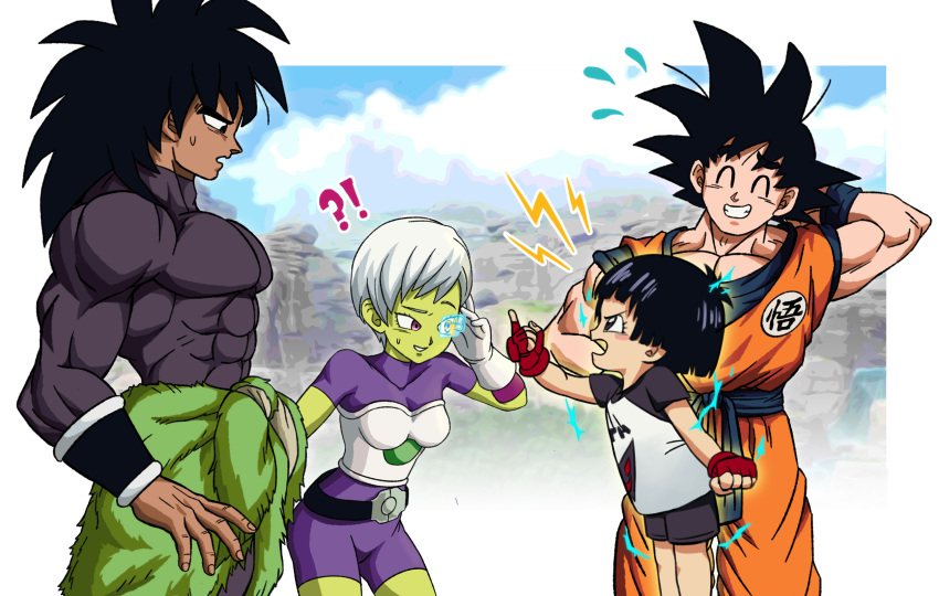 !?, 2boys, 2girls, angry, arm_behind_head, bangs, belt, black_belt