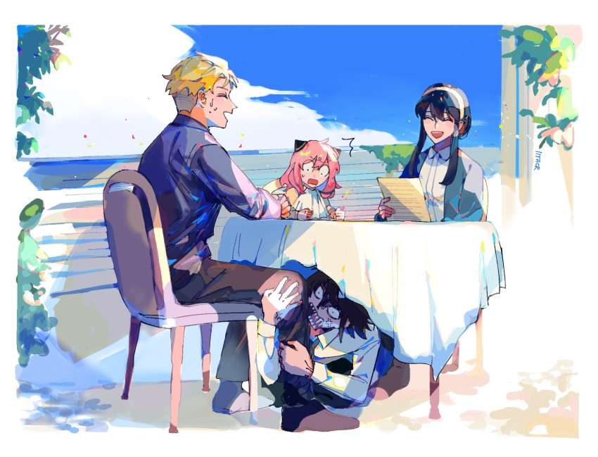 2boys, 2girls, anger_vein, anya_(spy_x_family), biting, blue_sky, brother-in-law, brother_and_sister