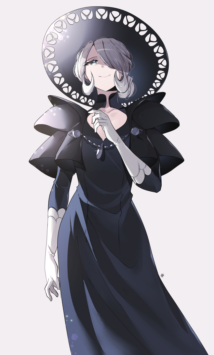 1girl, absurdres, arm_at_side, black_dress, black_headwear, cleavage_cutout, closed_mouth, clothing_cutout