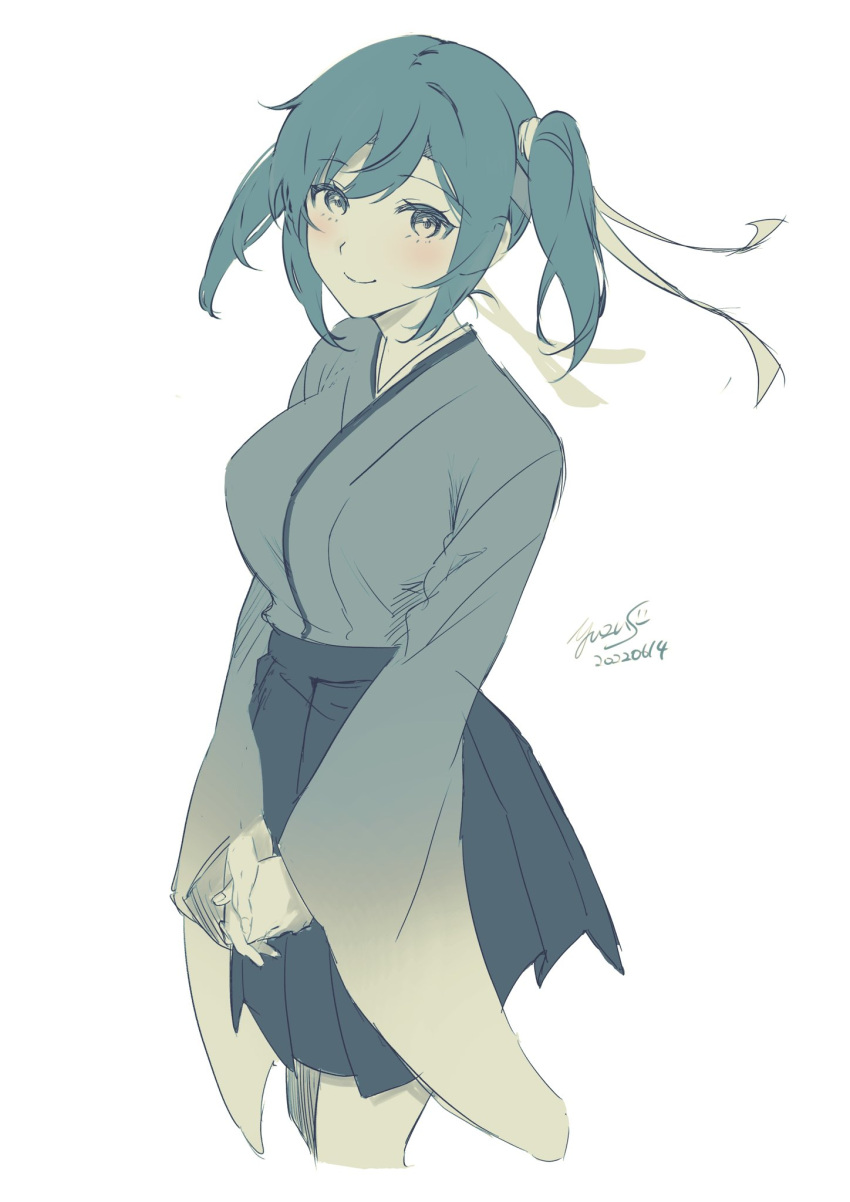 1girl, blue_hair, blush, breasts, cowboy_shot, dated, eyebrows_visible_through_hair, green_hakama