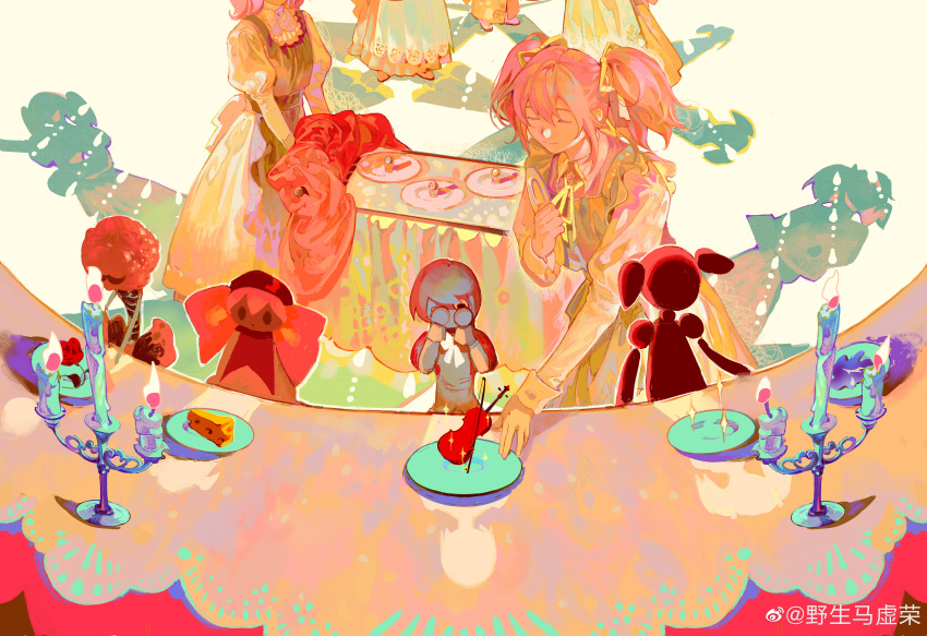 3girls, absurdres, anthony_(madoka_magica), apron, bangs, candle, candlestand, character_doll