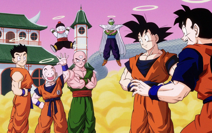 6+boys, architecture, bald, bangs, bare_shoulders, black_headwear, black_pants, blue_sash